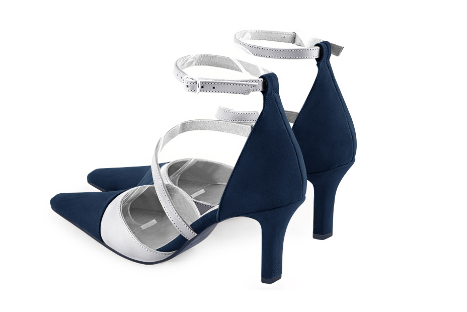 Navy blue and light silver women's open side shoes, with snake-shaped straps. Tapered toe. High slim heel. Rear view - Florence KOOIJMAN